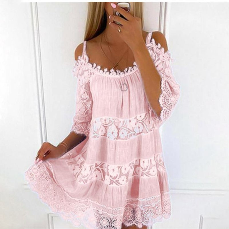 Loookus - Lace Patchwork Suspender Flower Girdle Casual Solid Loose Dress White Dresses