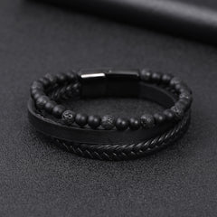 Loookus - Men's natural stone volcano stone lapis lazuli leather bracelet stainless steel leather woven bracelet multilayer men's titanium steel jewelry