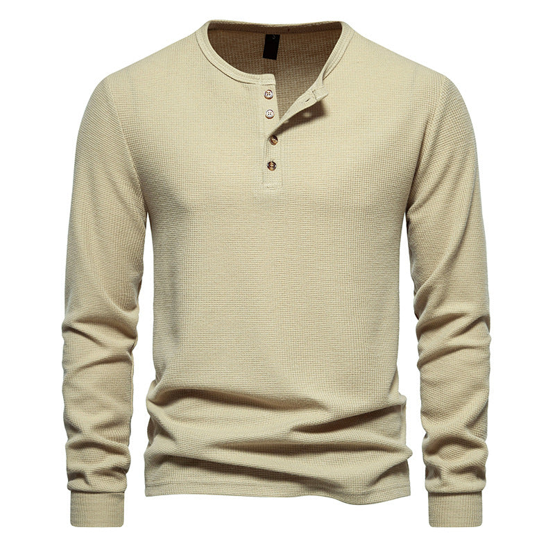 Loookus - Long Sleeve Waffle Knit Four Buttons Henley Shirt