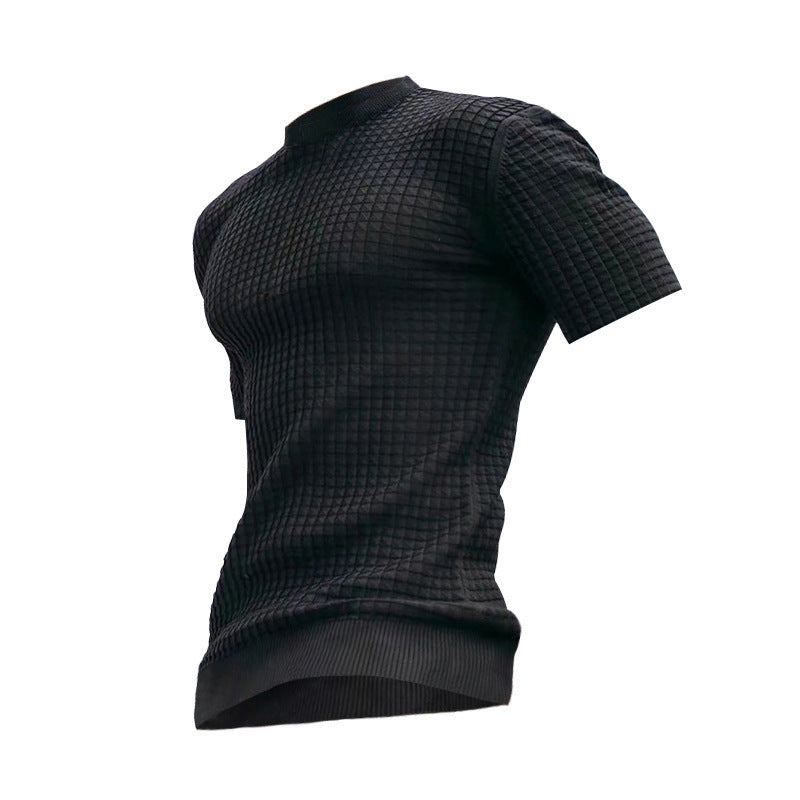 Loookus - Men's new small square lattice t-shirt round collar casual half-sleeve top