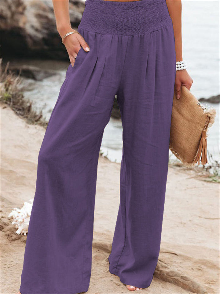 Loookus - Summer Women's Casual Wide-legged Cotton Linen Burst Loose Pants Solid Color Casual Pants