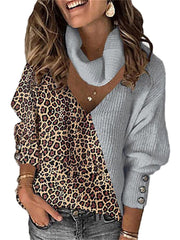 Loookus - Autumn and Winter New Women's Leopard Print Color Blocking Temperament V-neck Loose Scarf Hollowed Knitwear