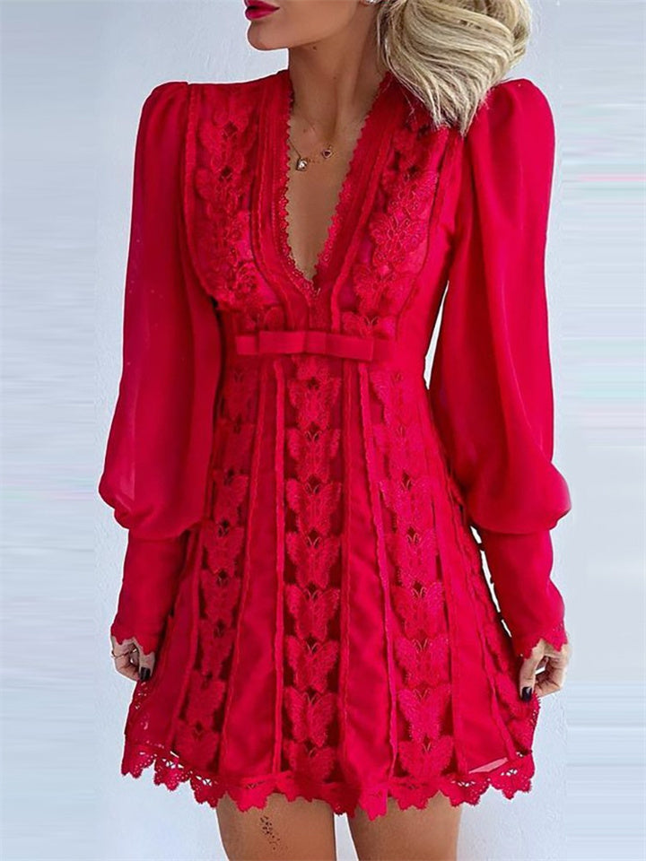 Loookus - Lantern Sleeve Lace Splicing Deep V Solid Color Long Sleeve Dress