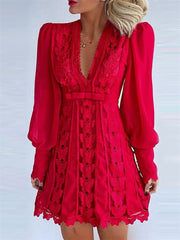 Loookus - Lantern Sleeve Lace Splicing Deep V Solid Color Long Sleeve Dress