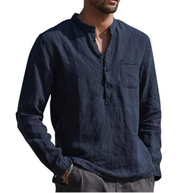 Loookus - Men's Cotton Linen Summer Solid Color  Stand-Up Collar Long-Sleeved Shirts