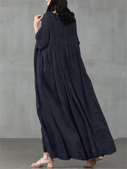 Loookus - Casual Temperament Women's Cotton Linen Set Head Round Neck Swing Type Solid Color Dress