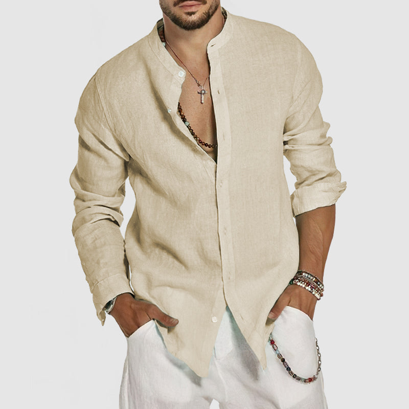 Loookus - Men's Beach Cotton Linen Standing Collar Shirt