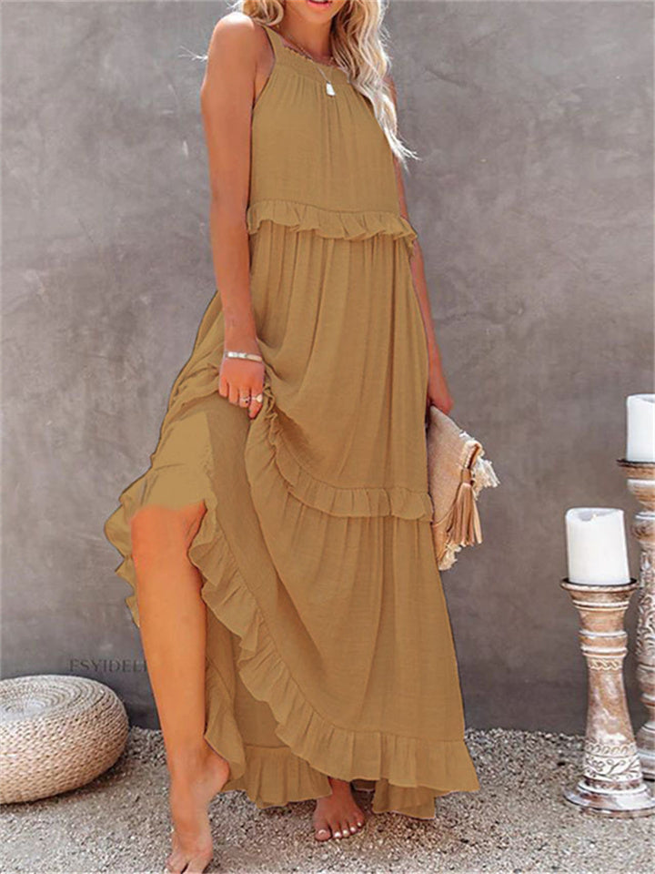 Loookus - Summer New Holiday Style Ruffled Long Dress Sleeveless Round Neck Swing Elegant Beach Dress Women