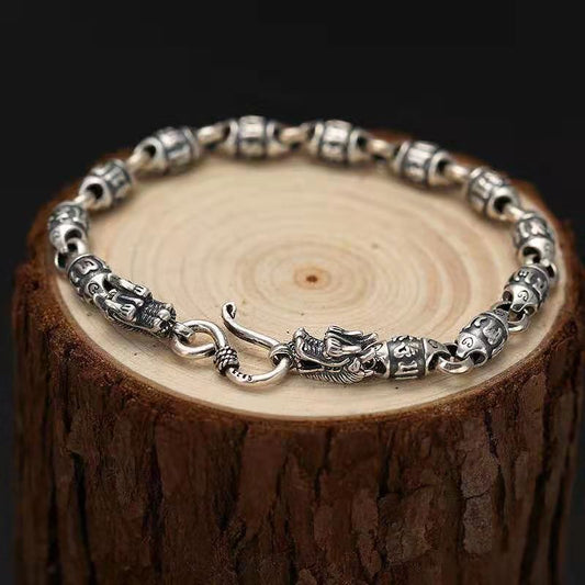 Loookus - 925 Silver Six Character Mantra Dragon Head Bracelet