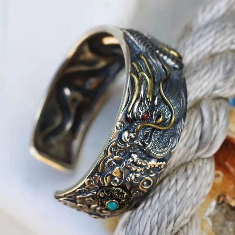 Loookus - 925 Silver Domineering Retro Dragon Opening Adjustable Bracelet