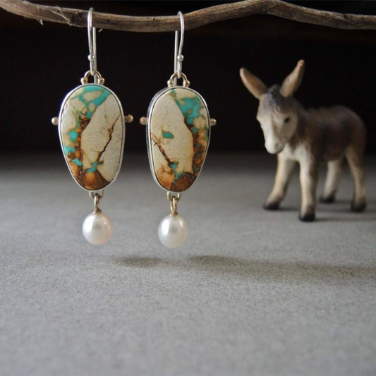 Loookus - Creative Ethnic Wind Turquoise And Pearl Earrings