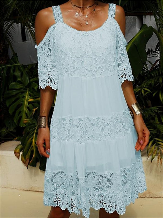 Loookus - Women's Casual Dress Lace Dress Summer Dress Plain Lace Cut Out Strap Midi Dress Fashion Modern Outdoor Daily Short Sleeve Regular Fit White Pink Light Blue Spring Summer S M L XL XXL