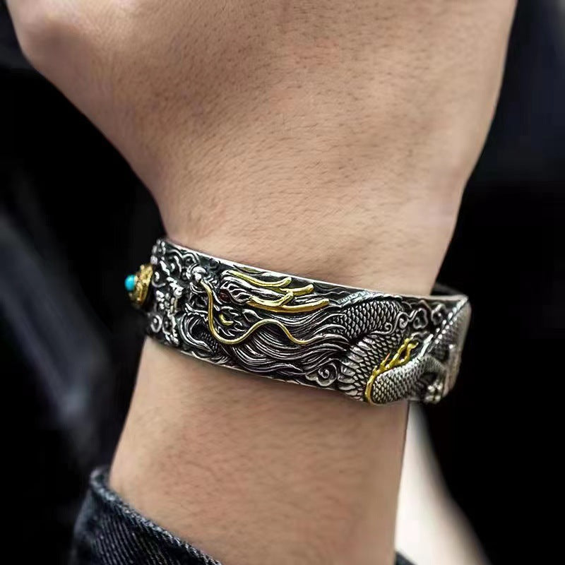 Loookus - 925 Silver Domineering Retro Dragon Opening Adjustable Bracelet