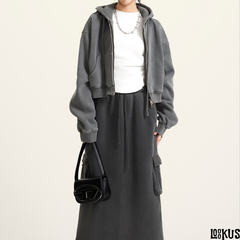 Loookus - Vintage Washed Y2K Hoodie Zip-Up Jacket &amp; Cargo Skirt Set