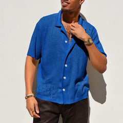 Loookus - Casual solid color men's lapel hollow-out shirt